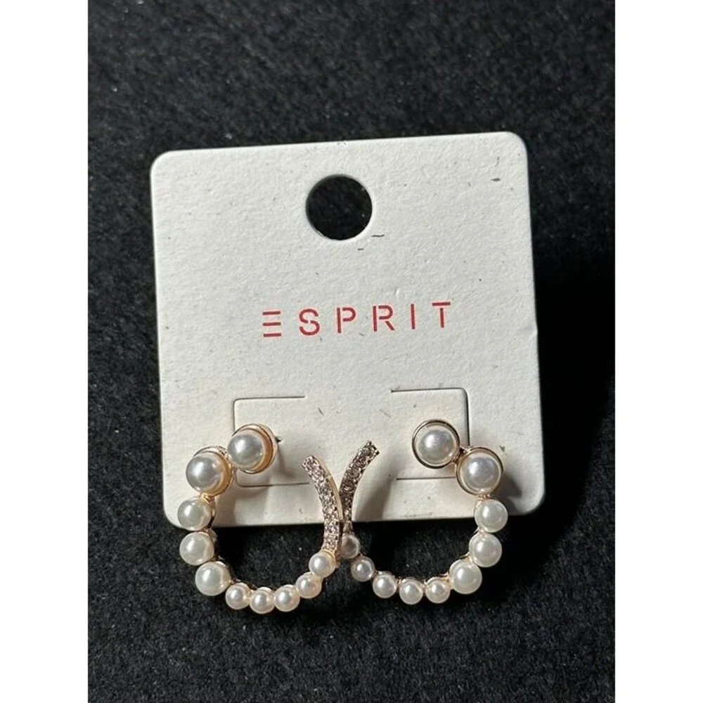 ESPRIT Gold Tone Pearl Rhinestone Hoop Earrings Crescent Style Boho New Pair